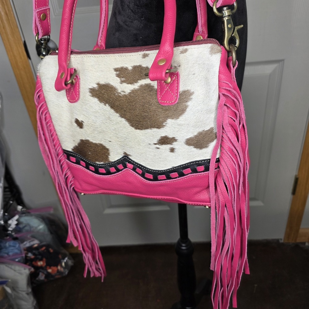 Myra Bag Western Cowhide Leather Fringe Concealed Carry Handbag Pink Letterstone - Picture 2 of 10
